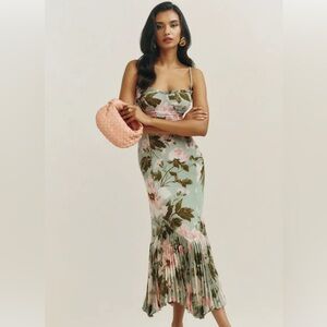 Reformation Floral Midi Dress - Green and Pink